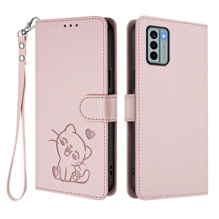 Embossed Heart Cat Leather Phone Case with Hand Strap, For Nokia G22, For Nokia C32, For Nokia C02, For Nokia X30