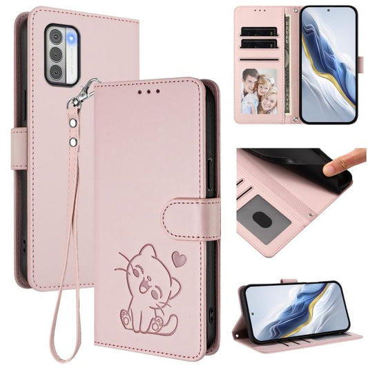 Embossed Heart Cat Leather Phone Case with Hand Strap, For Nokia G42 / G310, For Nokia C300, For Nokia C22, For Nokia C12