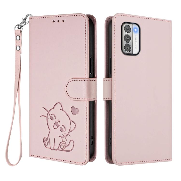 Embossed Heart Cat Leather Phone Case with Hand Strap, For Nokia G42 / G310, For Nokia C300, For Nokia C22, For Nokia C12
