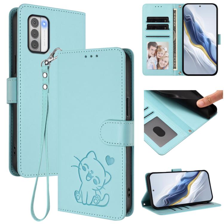 Embossed Heart Cat Leather Phone Case with Hand Strap, For Nokia G42 / G310, For Nokia C300, For Nokia C22, For Nokia C12