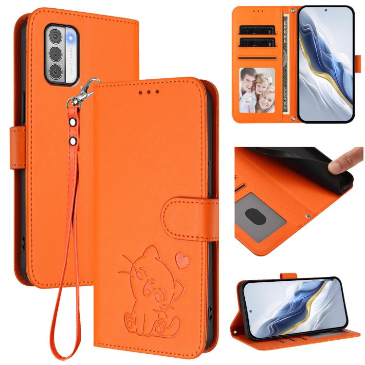 Embossed Heart Cat Leather Phone Case with Hand Strap, For Nokia G42 / G310, For Nokia C300, For Nokia C22, For Nokia C12