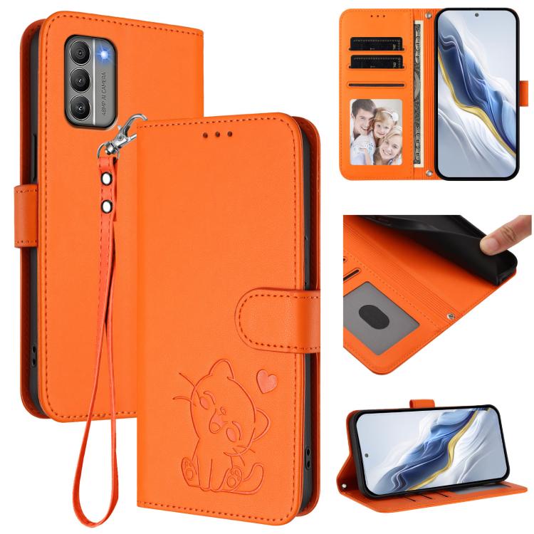 Embossed Heart Cat Leather Phone Case with Hand Strap, For Nokia G400, For Nokia G21 4G / G11 4G, For Nokia C30, For Nokia XR20