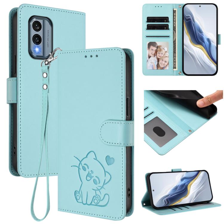 Embossed Heart Cat Leather Phone Case with Hand Strap, For Nokia G22, For Nokia C32, For Nokia C02, For Nokia X30