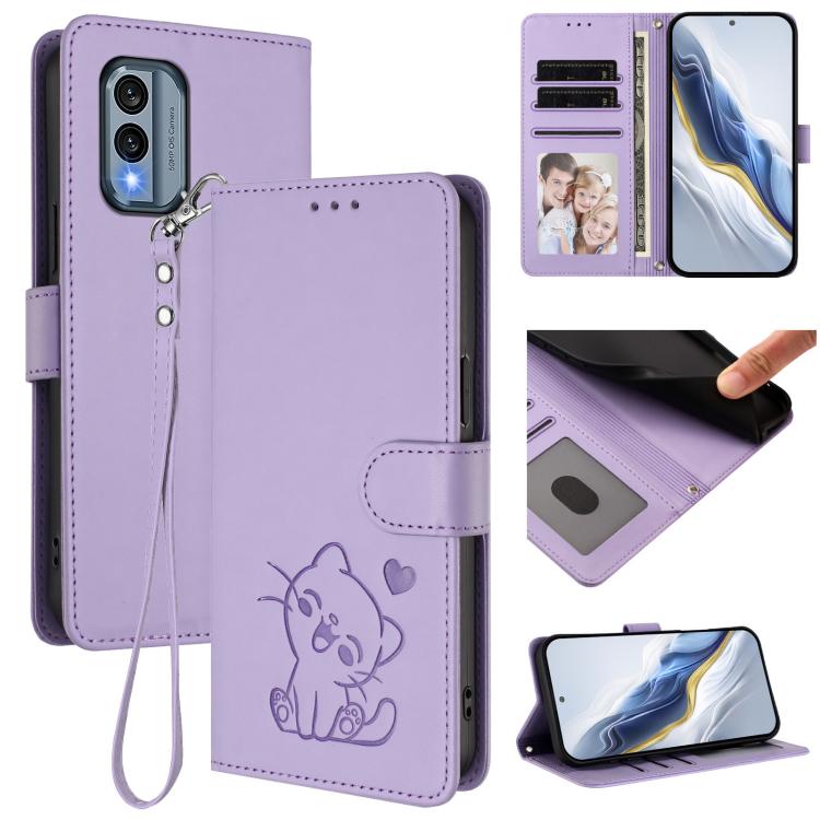 Embossed Heart Cat Leather Phone Case with Hand Strap, For Nokia G22, For Nokia C32, For Nokia C02, For Nokia X30
