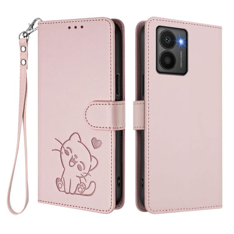Embossed Heart Cat Leather Phone Case with Hand Strap, For HMD Fuison, For HMD Skyline, For HMD Pulse Pro / Pulse / Pulse+