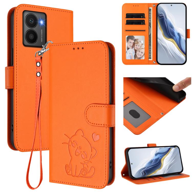 Embossed Heart Cat Leather Phone Case with Hand Strap, For HMD Fuison, For HMD Skyline, For HMD Pulse Pro / Pulse / Pulse+