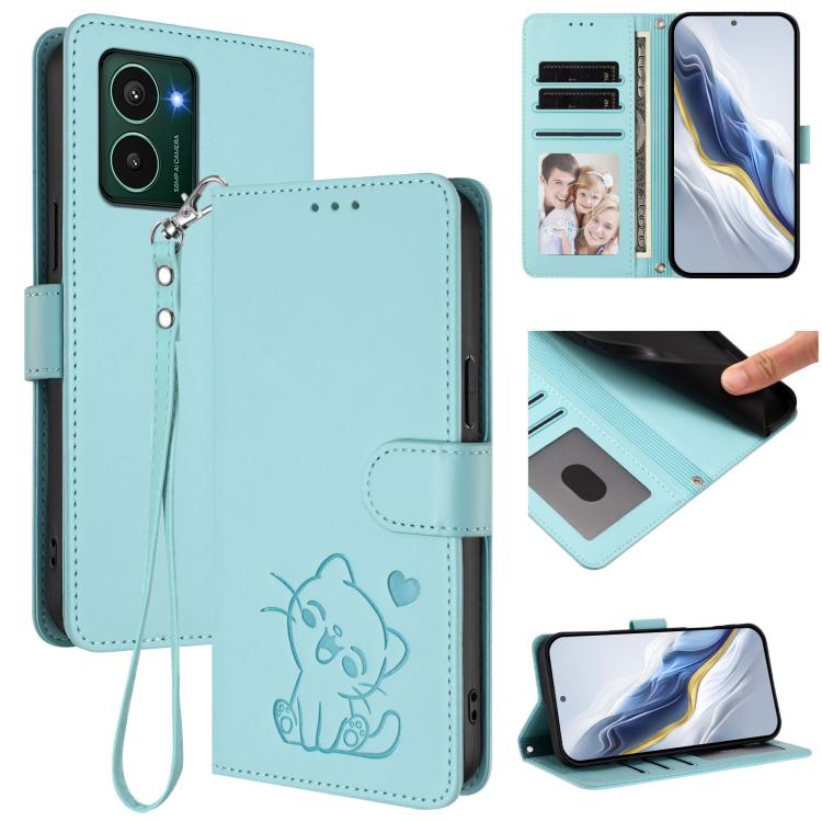 Embossed Heart Cat Leather Phone Case with Hand Strap, For HMD Fuison, For HMD Skyline, For HMD Pulse Pro / Pulse / Pulse+