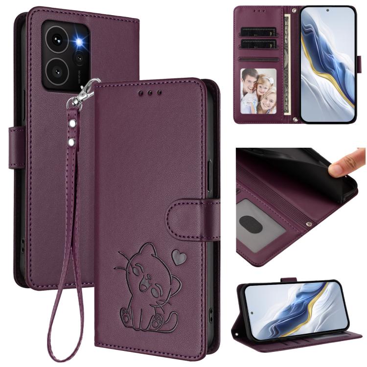 Embossed Heart Cat Leather Phone Case with Hand Strap, For HMD Fuison, For HMD Skyline, For HMD Pulse Pro / Pulse / Pulse+