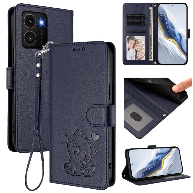 Embossed Heart Cat Leather Phone Case with Hand Strap, For HMD Fuison, For HMD Skyline, For HMD Pulse Pro / Pulse / Pulse+