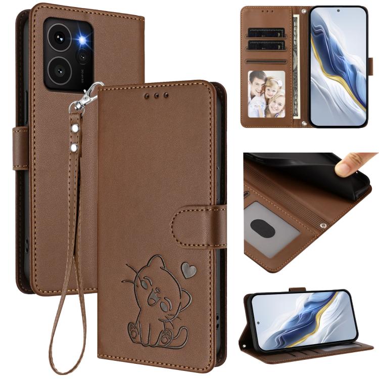 Embossed Heart Cat Leather Phone Case with Hand Strap, For HMD Fuison, For HMD Skyline, For HMD Pulse Pro / Pulse / Pulse+