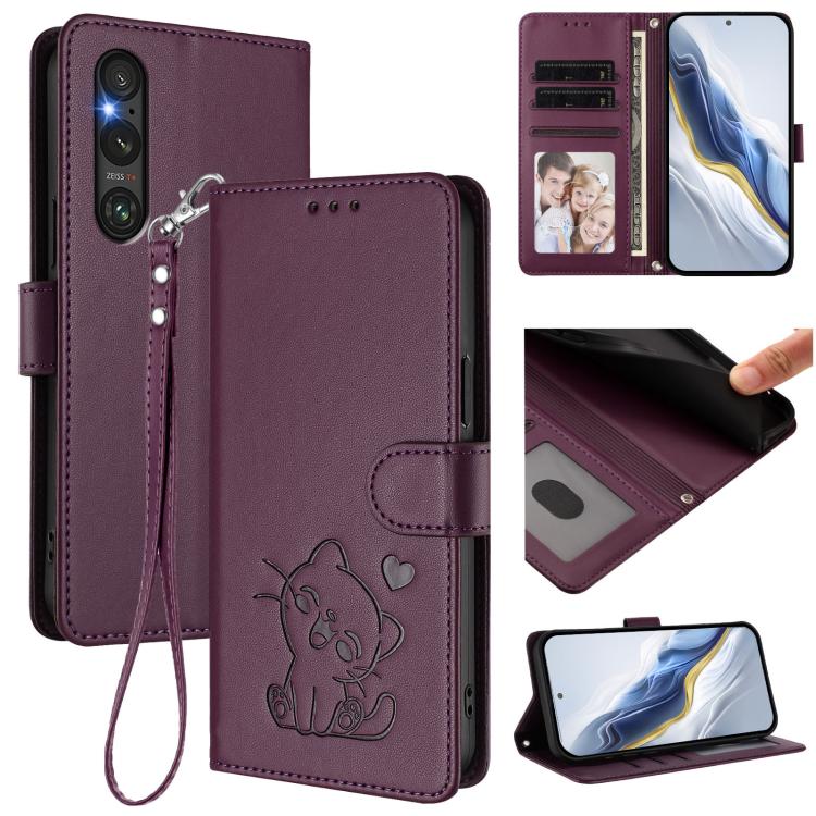 Embossed Heart Cat Leather Phone Case with Hand Strap, For Sony Xperia 1 VI, For Sony Xperia 5 VI, For Sony Xperia 5 V, For Sony Xperia 1 V