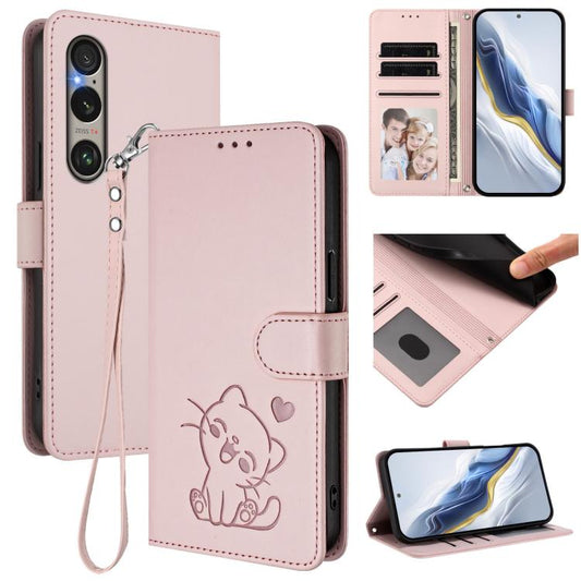 Embossed Heart Cat Leather Phone Case with Hand Strap, For Sony Xperia 1 VI, For Sony Xperia 5 VI, For Sony Xperia 5 V, For Sony Xperia 1 V