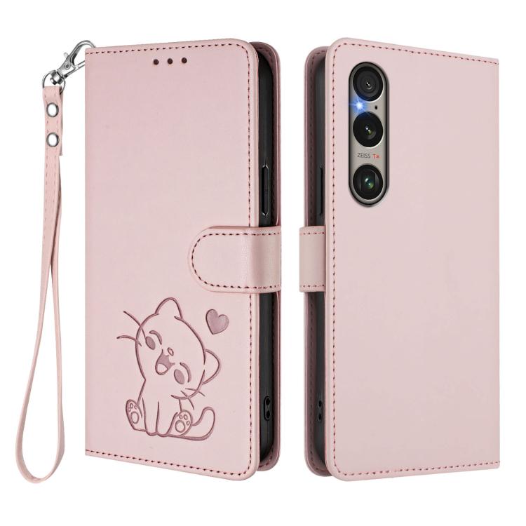 Embossed Heart Cat Leather Phone Case with Hand Strap, For Sony Xperia 1 VI, For Sony Xperia 5 VI, For Sony Xperia 5 V, For Sony Xperia 1 V