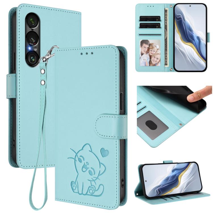 Embossed Heart Cat Leather Phone Case with Hand Strap, For Sony Xperia 1 VIII, For Sony Xperia 10 VII, For Sony Xperia 1 VII, For Sony Xperia 10 VI