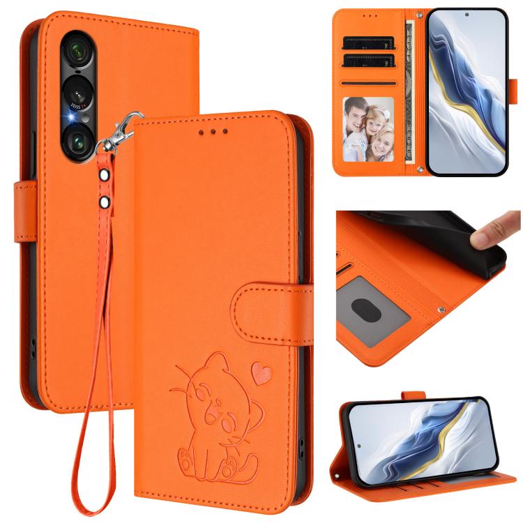 Embossed Heart Cat Leather Phone Case with Hand Strap, For Sony Xperia 1 VIII, For Sony Xperia 10 VII, For Sony Xperia 1 VII, For Sony Xperia 10 VI