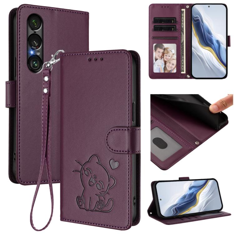 Embossed Heart Cat Leather Phone Case with Hand Strap, For Sony Xperia 1 VIII, For Sony Xperia 10 VII, For Sony Xperia 1 VII, For Sony Xperia 10 VI