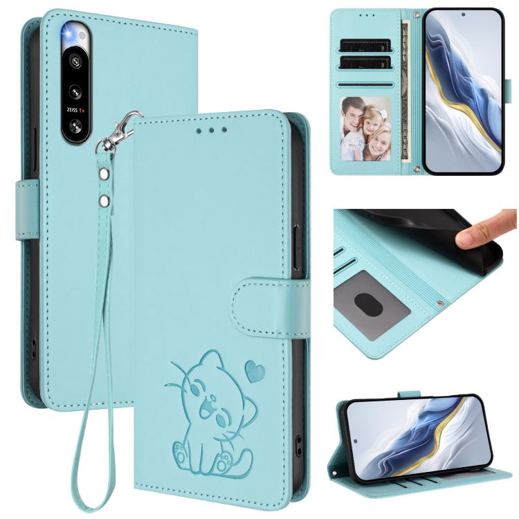 Embossed Heart Cat Leather Phone Case with Hand Strap, For Sony Xperia 10 V, For Sony Xperia 5 IV, For Sony Xperia 10 IV