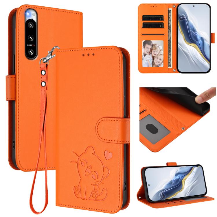 Embossed Heart Cat Leather Phone Case with Hand Strap, For Sony Xperia 10 V, For Sony Xperia 5 IV, For Sony Xperia 10 IV