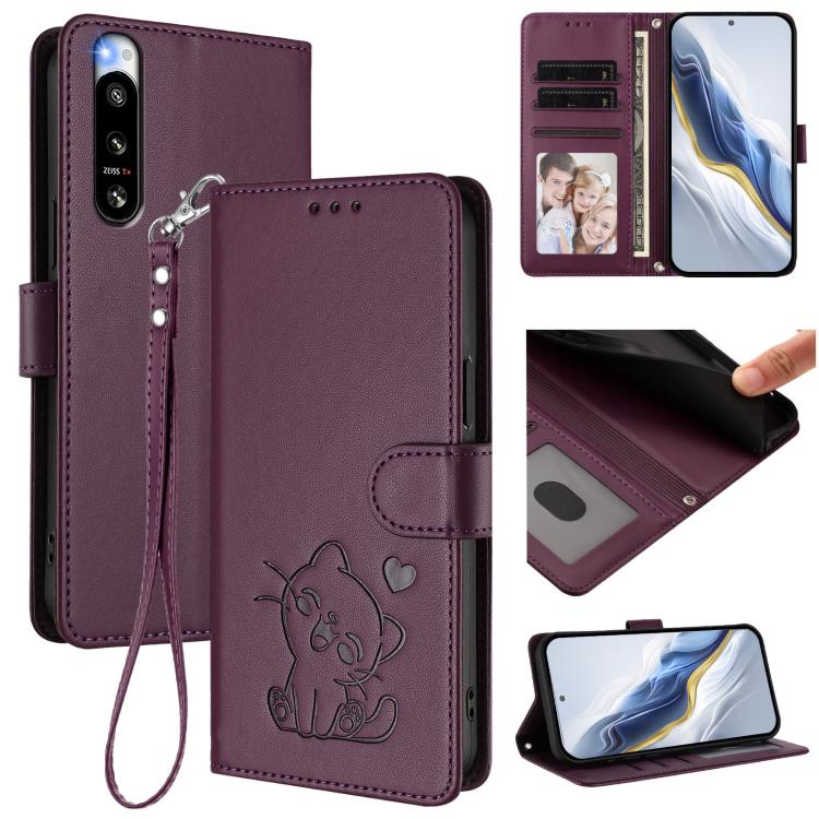 Embossed Heart Cat Leather Phone Case with Hand Strap, For Sony Xperia 10 V, For Sony Xperia 5 IV, For Sony Xperia 10 IV
