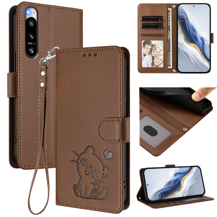 Embossed Heart Cat Leather Phone Case with Hand Strap, For Sony Xperia 10 V, For Sony Xperia 5 IV, For Sony Xperia 10 IV