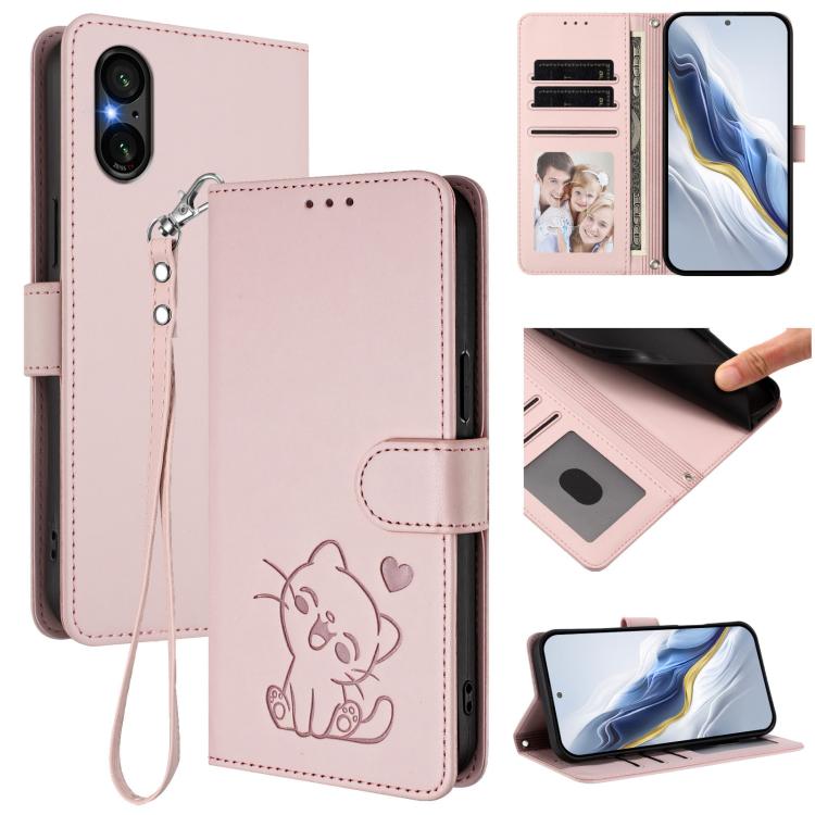 Embossed Heart Cat Leather Phone Case with Hand Strap, For Sony Xperia 1 VI, For Sony Xperia 5 VI, For Sony Xperia 5 V, For Sony Xperia 1 V
