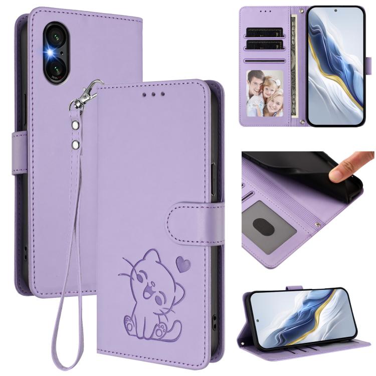 Embossed Heart Cat Leather Phone Case with Hand Strap, For Sony Xperia 1 VI, For Sony Xperia 5 VI, For Sony Xperia 5 V, For Sony Xperia 1 V