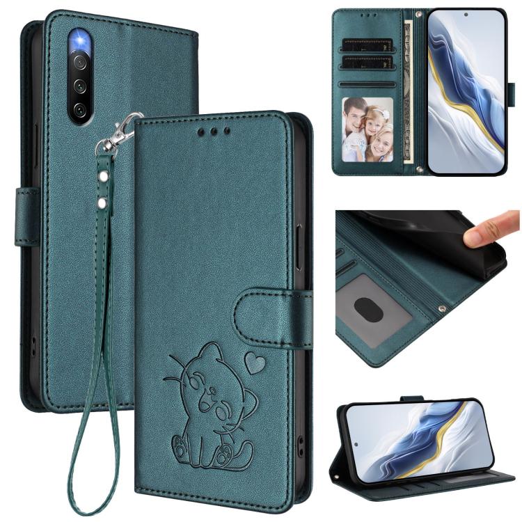 Embossed Heart Cat Leather Phone Case with Hand Strap, For Sony Xperia 10 V, For Sony Xperia 5 IV, For Sony Xperia 10 IV