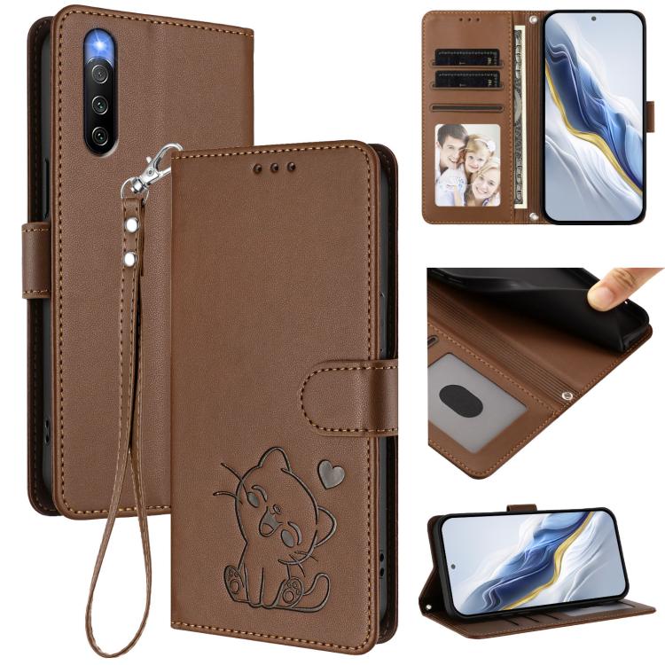 Embossed Heart Cat Leather Phone Case with Hand Strap, For Sony Xperia 10 V, For Sony Xperia 5 IV, For Sony Xperia 10 IV