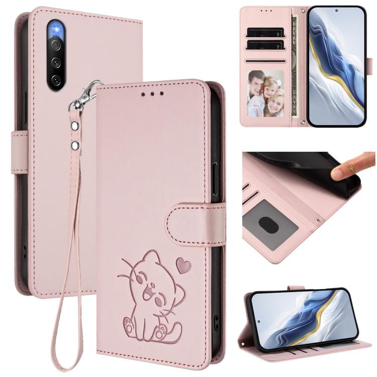 Embossed Heart Cat Leather Phone Case with Hand Strap, For Sony Xperia 10 V, For Sony Xperia 5 IV, For Sony Xperia 10 IV
