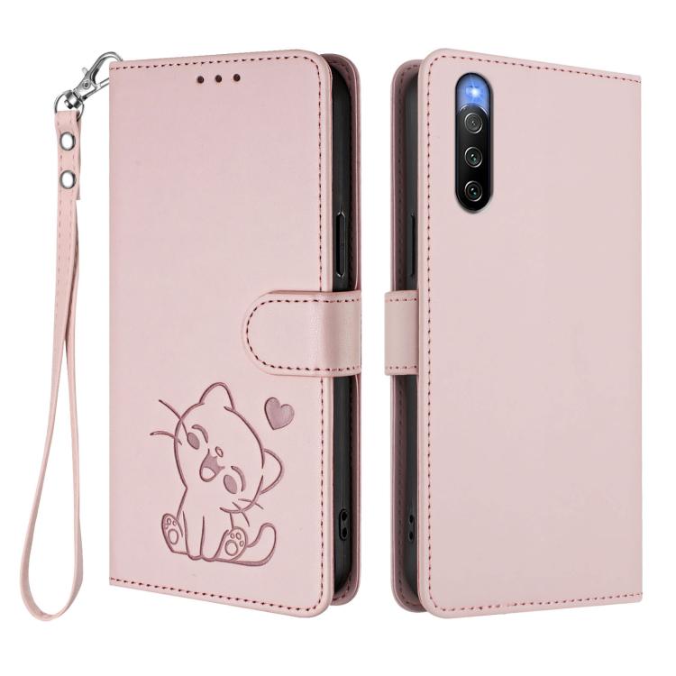 Embossed Heart Cat Leather Phone Case with Hand Strap, For Sony Xperia 10 V, For Sony Xperia 5 IV, For Sony Xperia 10 IV