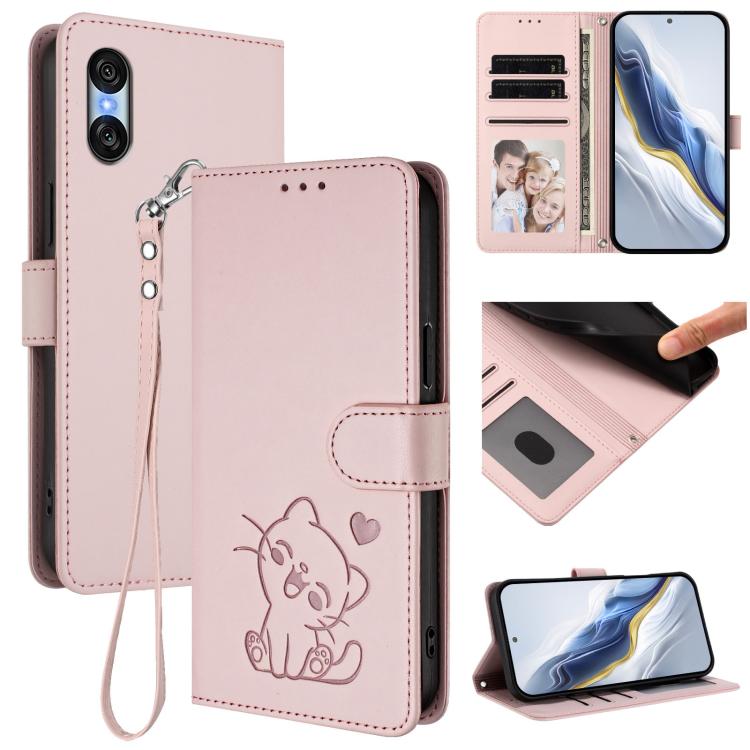 Embossed Heart Cat Leather Phone Case with Hand Strap, For Sony Xperia 1 VIII, For Sony Xperia 10 VII, For Sony Xperia 1 VII, For Sony Xperia 10 VI