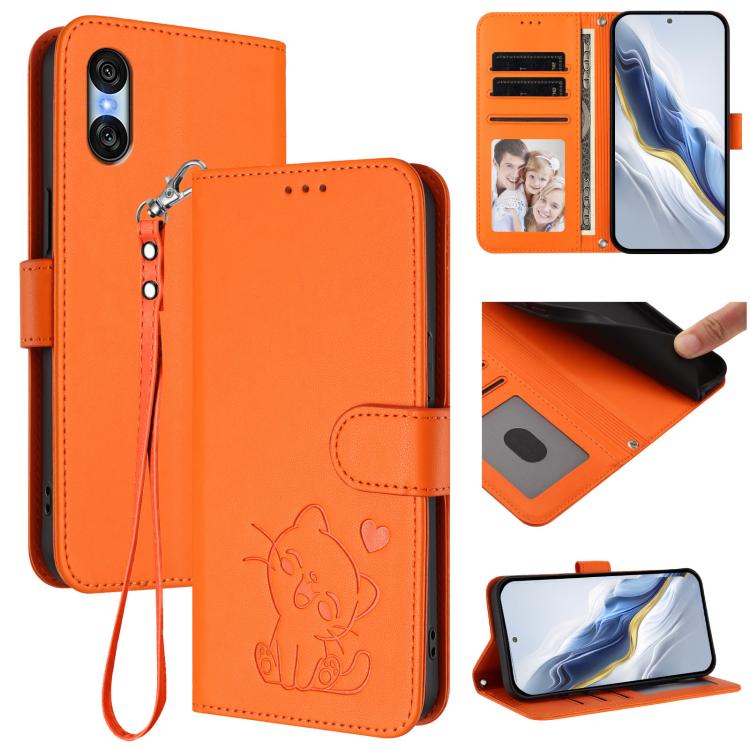 Embossed Heart Cat Leather Phone Case with Hand Strap, For Sony Xperia 1 VIII, For Sony Xperia 10 VII, For Sony Xperia 1 VII, For Sony Xperia 10 VI