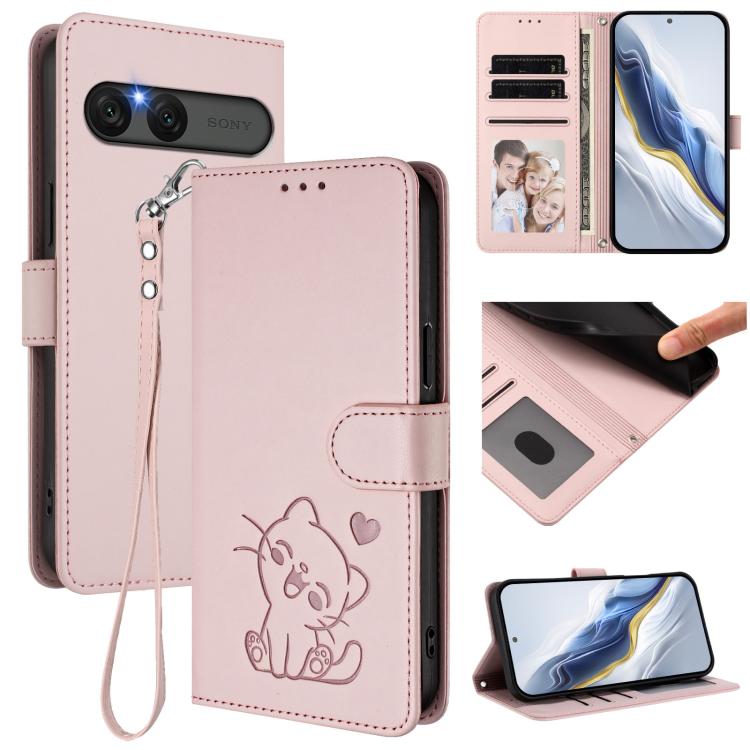 Embossed Heart Cat Leather Phone Case with Hand Strap, For Sony Xperia 1 VIII, For Sony Xperia 10 VII, For Sony Xperia 1 VII, For Sony Xperia 10 VI
