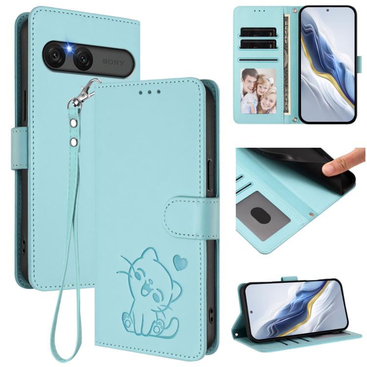 Embossed Heart Cat Leather Phone Case with Hand Strap, For Sony Xperia 1 VIII, For Sony Xperia 10 VII, For Sony Xperia 1 VII, For Sony Xperia 10 VI