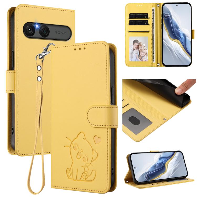 Embossed Heart Cat Leather Phone Case with Hand Strap, For Sony Xperia 1 VIII, For Sony Xperia 10 VII, For Sony Xperia 1 VII, For Sony Xperia 10 VI