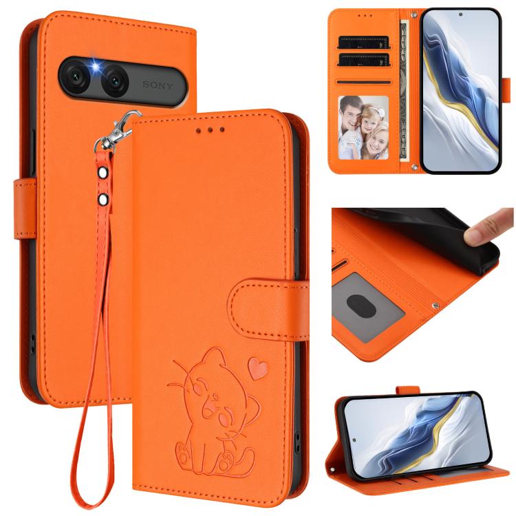 Embossed Heart Cat Leather Phone Case with Hand Strap, For Sony Xperia 1 VIII, For Sony Xperia 10 VII, For Sony Xperia 1 VII, For Sony Xperia 10 VI