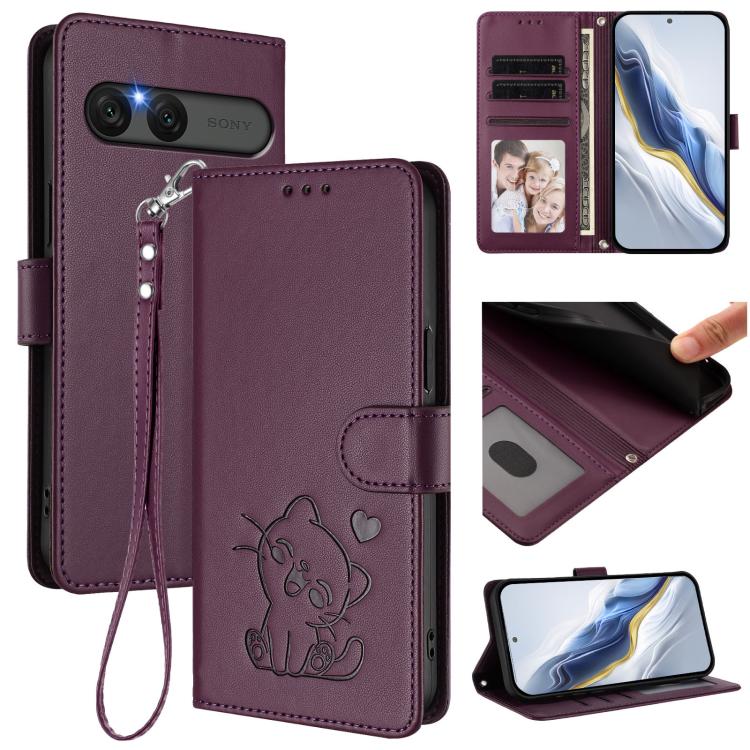 Embossed Heart Cat Leather Phone Case with Hand Strap, For Sony Xperia 1 VIII, For Sony Xperia 10 VII, For Sony Xperia 1 VII, For Sony Xperia 10 VI