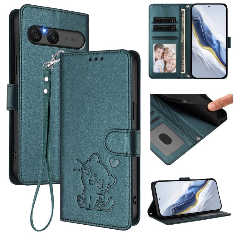 Embossed Heart Cat Leather Phone Case with Hand Strap, For Sony Xperia 1 VIII, For Sony Xperia 10 VII, For Sony Xperia 1 VII, For Sony Xperia 10 VI