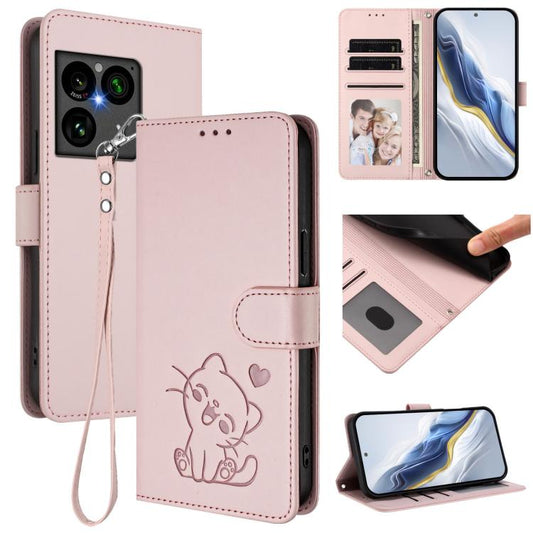 Embossed Heart Cat Leather Phone Case with Hand Strap, For Sony Xperia 1 VIII, For Sony Xperia 10 VII, For Sony Xperia 1 VII, For Sony Xperia 10 VI