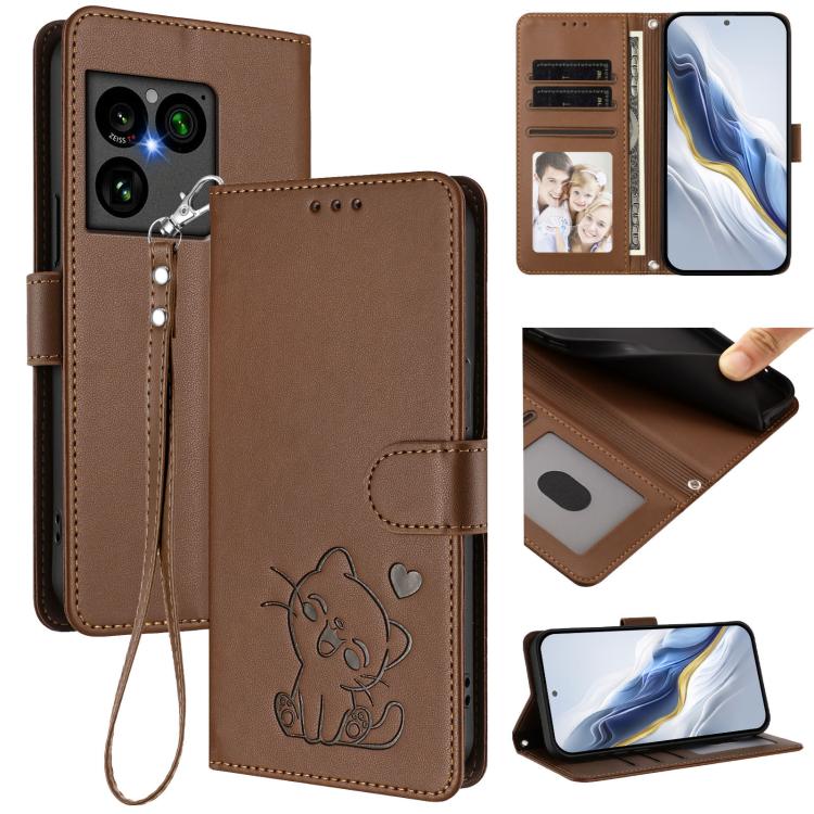 Embossed Heart Cat Leather Phone Case with Hand Strap, For Sony Xperia 1 VIII, For Sony Xperia 10 VII, For Sony Xperia 1 VII, For Sony Xperia 10 VI