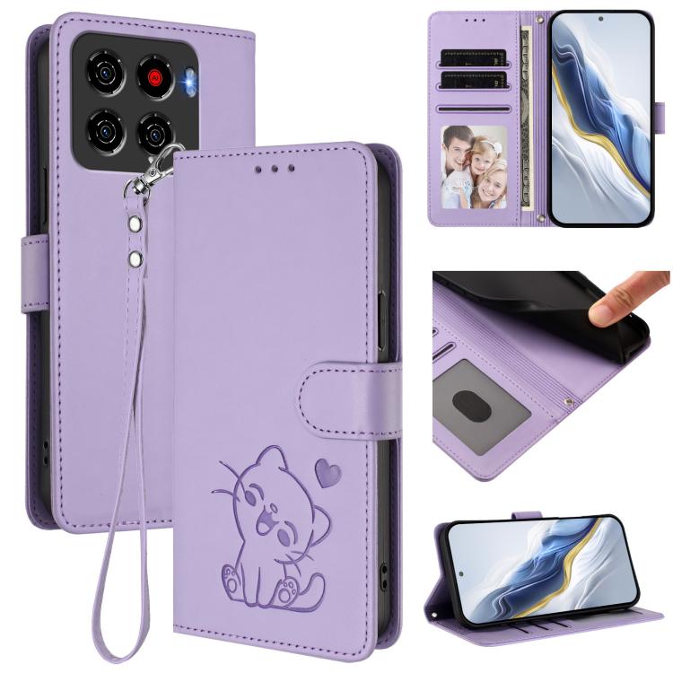 Embossed Heart Cat Leather Phone Case with Hand Strap, For ZTE nubia RedMagic 11 Air, For ZTE Blade A75 Pro / Telstra T-Elite 5G, For ZTE Blade A76 4G, For ZTE Blade A56 Pro