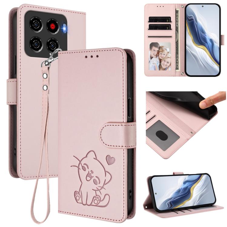 Embossed Heart Cat Leather Phone Case with Hand Strap, For ZTE Blade A76 5G, For ZTE Blade A36 4G, For ZTE Blade A56 4G, For ZTE nubia Neo 3