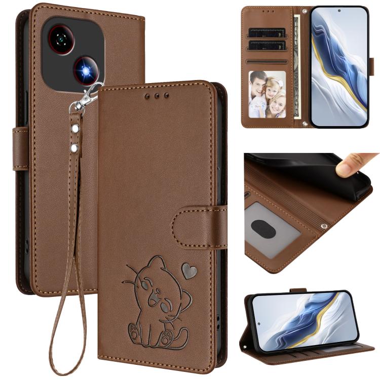 Embossed Heart Cat Leather Phone Case with Hand Strap, For ZTE nubia RedMagic 10 Air, For ZTE Kantan Sumaho 4 A402ZT, For ZTE Blade V60 4G / Axon 60 4G, For ZTE Blade A35e