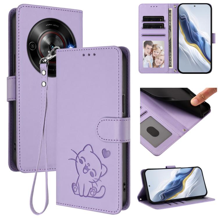Embossed Heart Cat Leather Phone Case with Hand Strap, For ZTE nubia RedMagic 10 Pro, For ZTE Blade V60 Vita / V60 Design, For ZTE Blade A75 5G / nubia Focus 5G, For ZTE Blade A75 4G