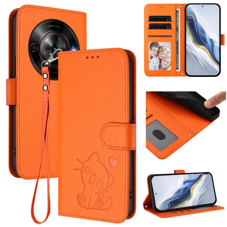 Embossed Heart Cat Leather Phone Case with Hand Strap, For ZTE nubia RedMagic 10 Pro, For ZTE Blade V60 Vita / V60 Design, For ZTE Blade A75 5G / nubia Focus 5G, For ZTE Blade A75 4G