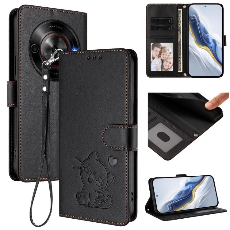 Embossed Heart Cat Leather Phone Case with Hand Strap, For ZTE nubia RedMagic 10 Pro, For ZTE Blade V60 Vita / V60 Design, For ZTE Blade A75 5G / nubia Focus 5G, For ZTE Blade A75 4G