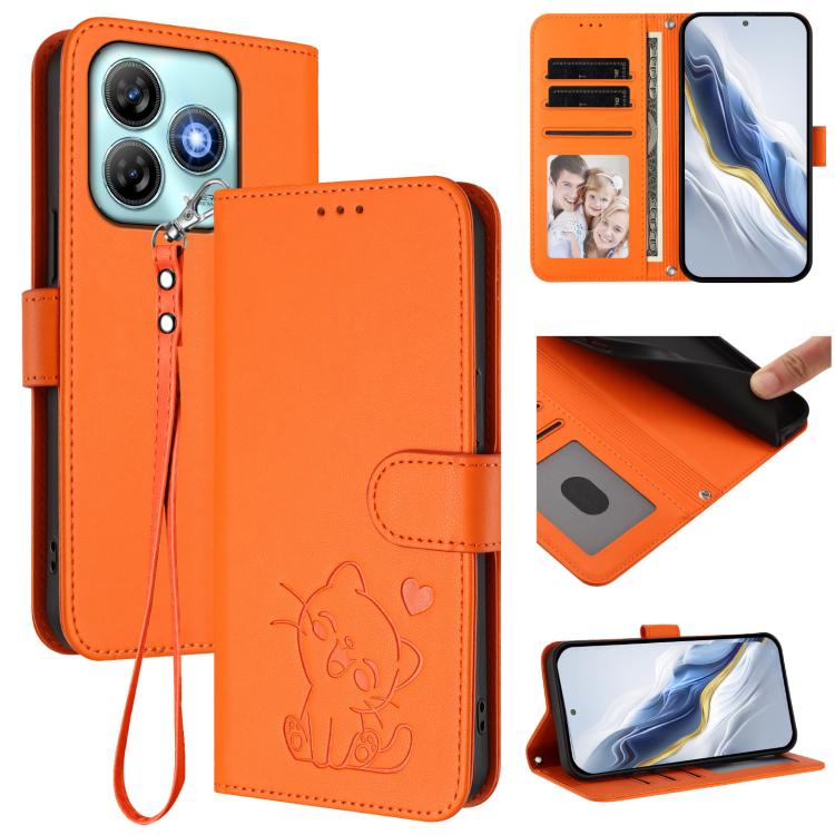 Embossed Heart Cat Leather Phone Case with Hand Strap, For ZTE nubia RedMagic 10 Pro, For ZTE Blade V60 Vita / V60 Design, For ZTE Blade A75 5G / nubia Focus 5G, For ZTE Blade A75 4G