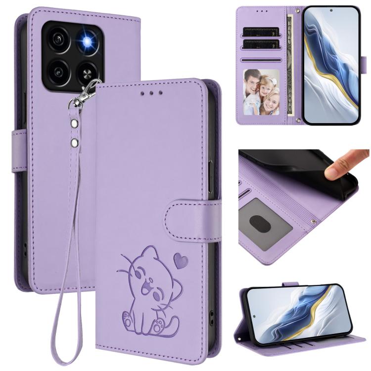 Embossed Heart Cat Leather Phone Case with Hand Strap, For ZTE Blade A35 / A55, For ZTE nubia Focus Pro 5G, For ZTE nubia Z60 Ultra, For ZTE Blade A73 5G