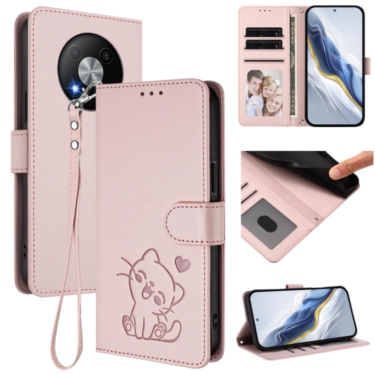 Embossed Heart Cat Leather Phone Case with Hand Strap, For ZTE Blade A35 / A55, For ZTE nubia Focus Pro 5G, For ZTE nubia Z60 Ultra, For ZTE Blade A73 5G