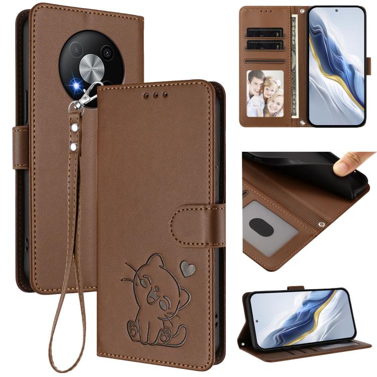 Embossed Heart Cat Leather Phone Case with Hand Strap, For ZTE Blade A35 / A55, For ZTE nubia Focus Pro 5G, For ZTE nubia Z60 Ultra, For ZTE Blade A73 5G